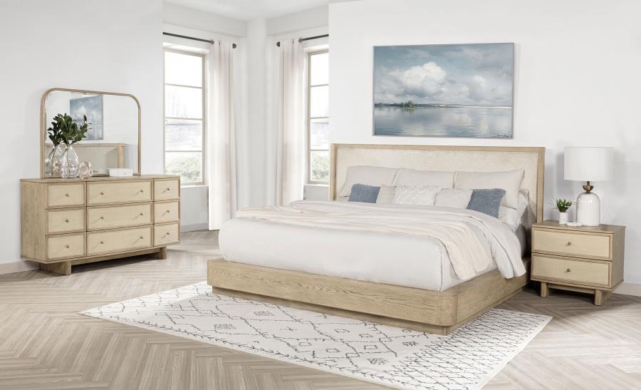 Coaster 225041Q-S4 4 pc Kailani beige oak finish wood beige fabric headboard queen bedroom set USB nightstand plugs