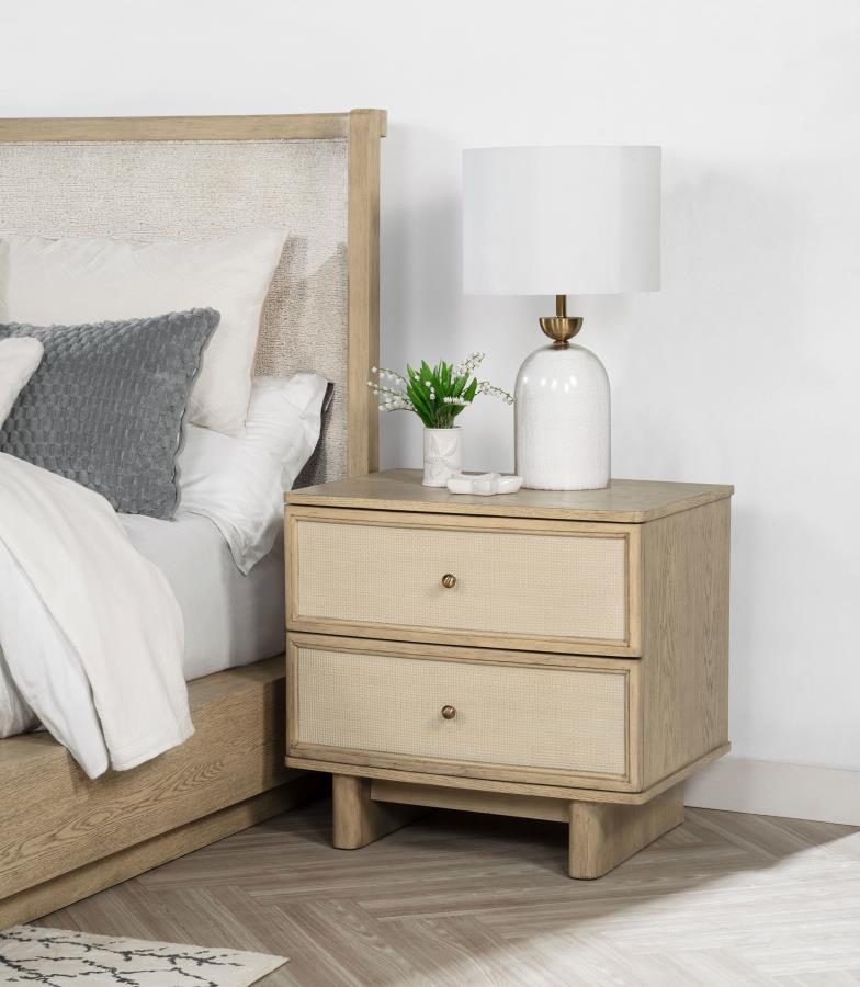 Coaster 225041Q-S4 4 pc Kailani beige oak finish wood beige fabric headboard queen bedroom set USB nightstand plugs