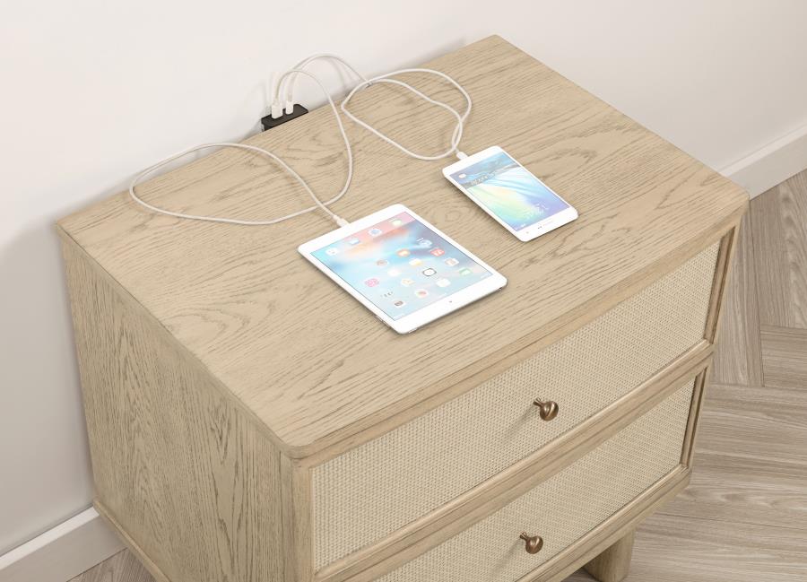 Coaster 225041Q-S4 4 pc Kailani beige oak finish wood beige fabric headboard queen bedroom set USB nightstand plugs