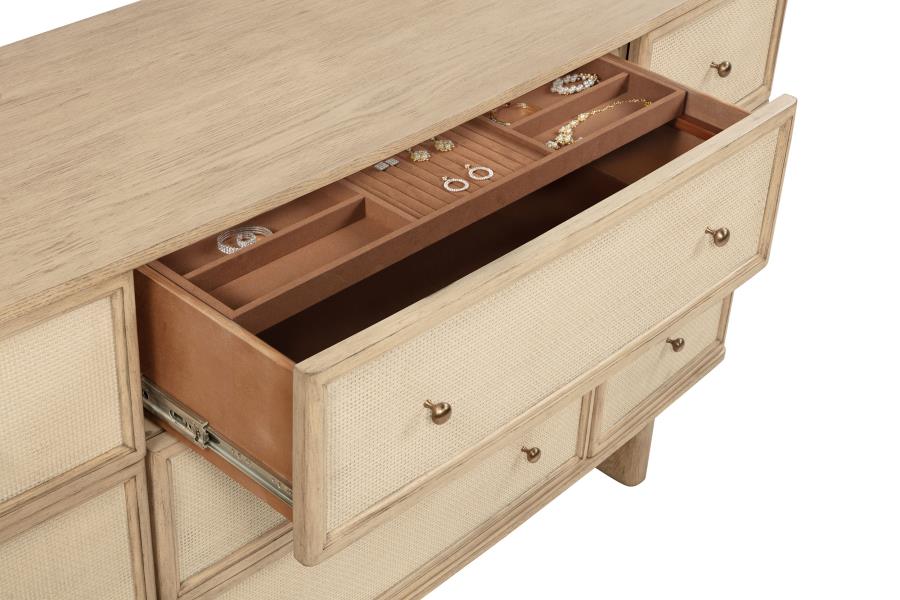 Coaster 225041Q-S4 4 pc Kailani beige oak finish wood beige fabric headboard queen bedroom set USB nightstand plugs