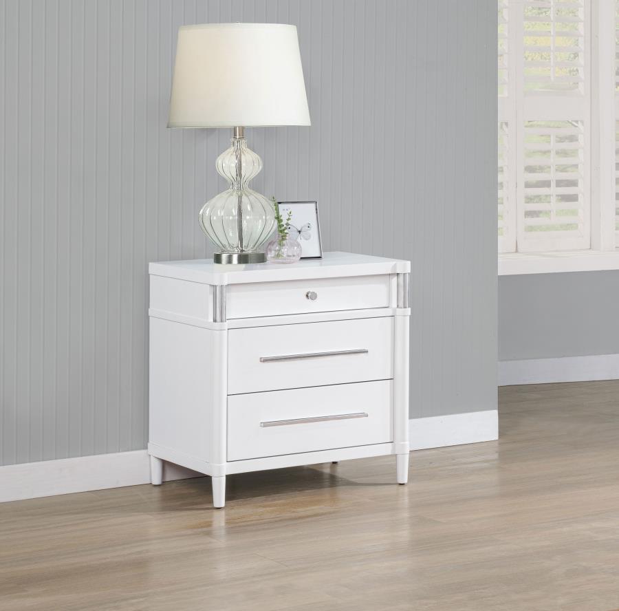 Coaster 225072 Gracemont white finish wood 3 drawer nightstand silver accents