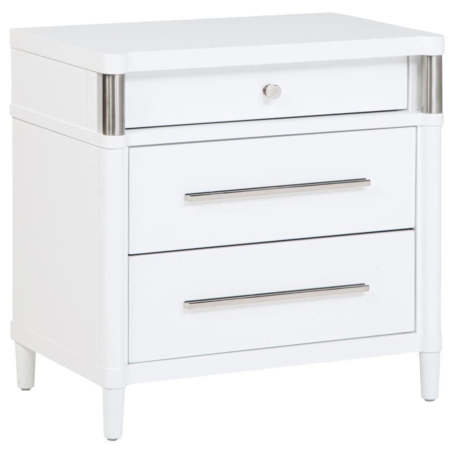 Coaster 225072 Gracemont white finish wood 3 drawer nightstand silver accents