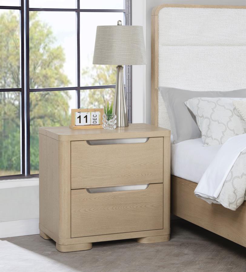 Coaster 225082 Ladera light elm finish wood bed side table nightstand with 2 drawers silver accents