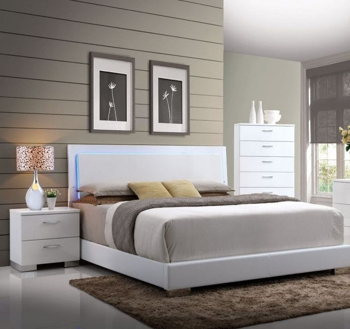 Acme 22640Q 4 pc Orren ellis Achyuth lorimar white finish wood and faux leather LED headboard queen bedroom set