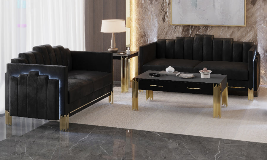 23-2034-2PC 2 pc Empire black velvet fabric blue LED accents sofa and love seat set gold accents