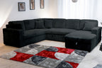 Bliss-BK-Sect 3 pc Bliss midnight black wide corduroy fabric sectional sofa set with storage chaise and pop up sleep area