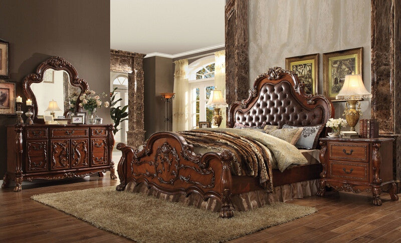 Acme 23140Q 4 pc dresden cherry oak finish wood queen bedroom set cherry tufted upholstery