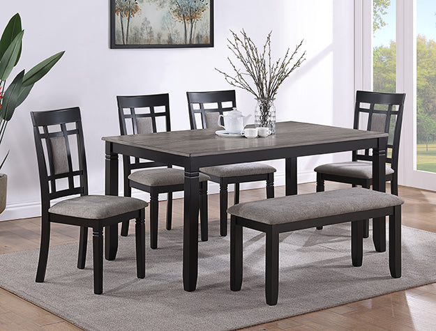 2325SET-LG 6 pc Paige two tone light grey wood finish dining table set with grid design backs with bench
