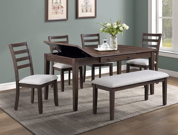 2326-6PC 6 pc Wagner dark brown finish wood dining table set flip up storage table with bench