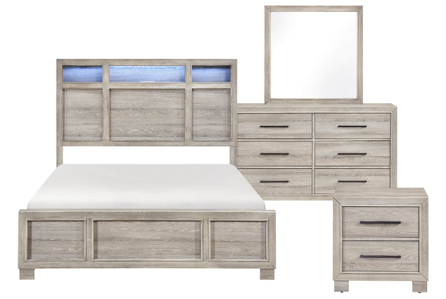 Homelegance 2332-4PC 4 pc Everett light driftwood grey finish wood storage headboard queen bedroom set LED, Bluetooth sound and USB plugs