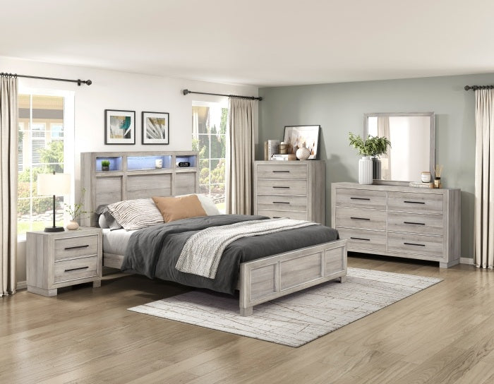Homelegance 2332-4PC 4 pc Everett light driftwood grey finish wood storage headboard queen bedroom set LED, Bluetooth sound and USB plugs