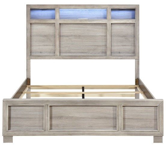 Homelegance 2332-4PC 4 pc Everett light driftwood grey finish wood storage headboard queen bedroom set LED, Bluetooth sound and USB plugs
