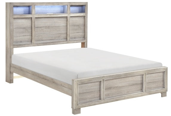 Homelegance 2332-4PC 4 pc Everett light driftwood grey finish wood storage headboard queen bedroom set LED, Bluetooth sound and USB plugs