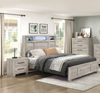 Homelegance 2332-4PC 4 pc Everett light driftwood grey finish wood storage headboard queen bedroom set LED, Bluetooth sound and USB plugs