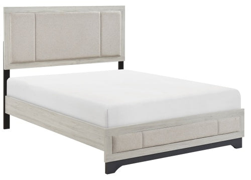 2334-4PC 4 pc Westport two tone white oak and grey finish wood fabric padded headboard and footboard queen bedroom set