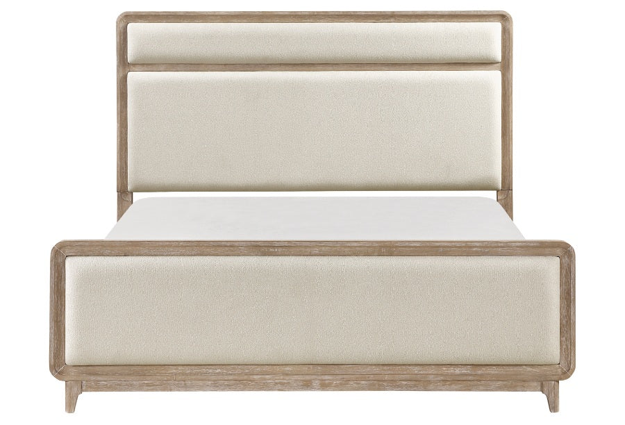 2350-4PC 4 pc Wilshire natural light oak finish wood fabric padded headboard and footboard queen bedroom set