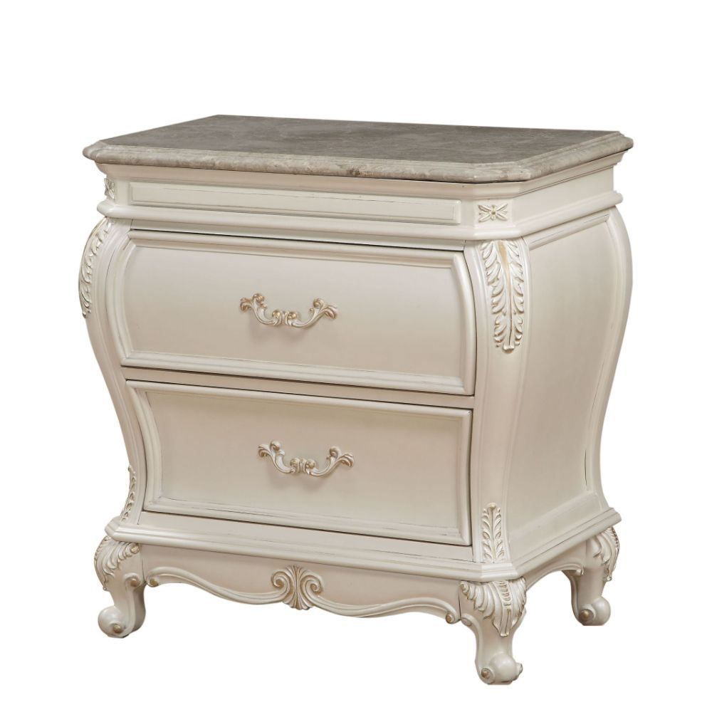 Acme 23543 Chantelle pearl white finish wood marble top bed side nightstand with 2 drawers