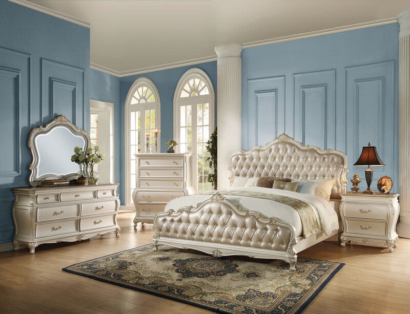 Acme 23540Q 4 pc chantelle pearl white finish wood rose gold leather like vinyl tufted queen bedroom set