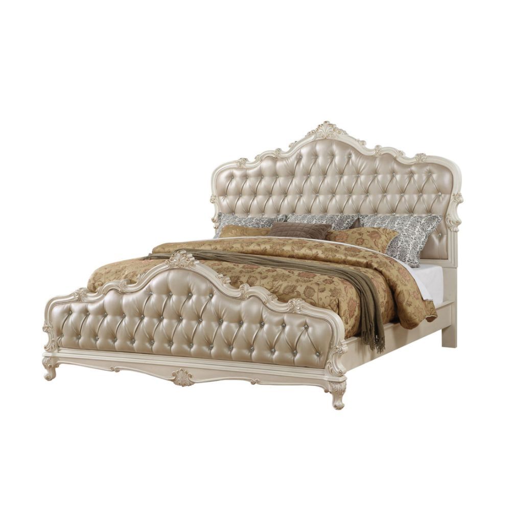 Acme 23540Q 4 pc chantelle pearl white finish wood rose gold leather like vinyl tufted queen bedroom set