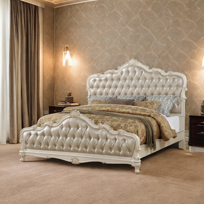 Acme 23540Q 4 pc chantelle pearl white finish wood rose gold leather like vinyl tufted queen bedroom set