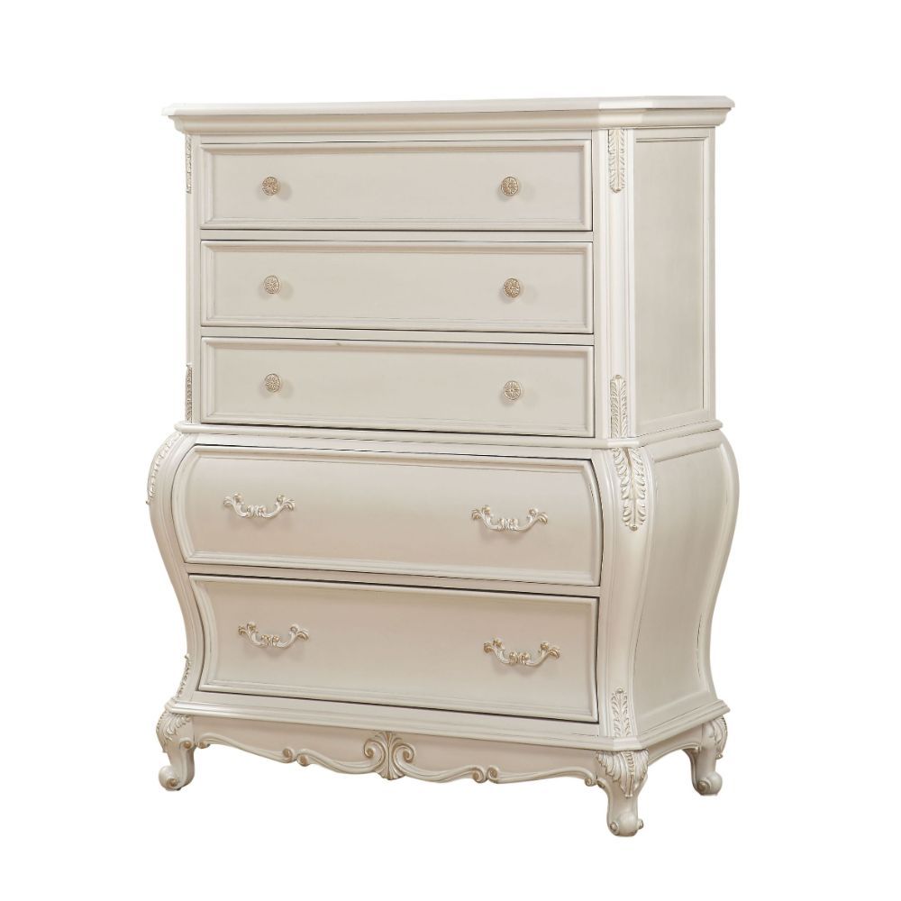 Acme 23546 Chantelle pearl white finish wood marble top 5 drawer tall chest