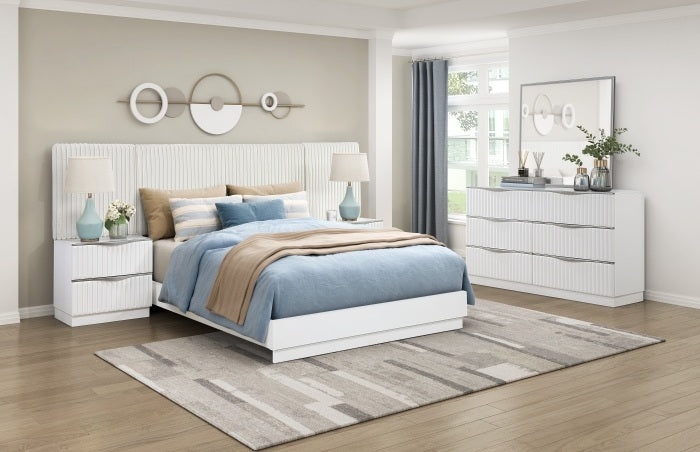 Homelegance 2384-7PC 7 pc Linea pearl white finish wood cream faux fur headboard and panels queen bedroom set