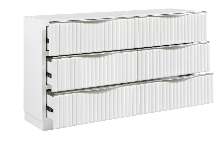 Homelegance 2384-7PC 7 pc Linea pearl white finish wood cream faux fur headboard and panels queen bedroom set