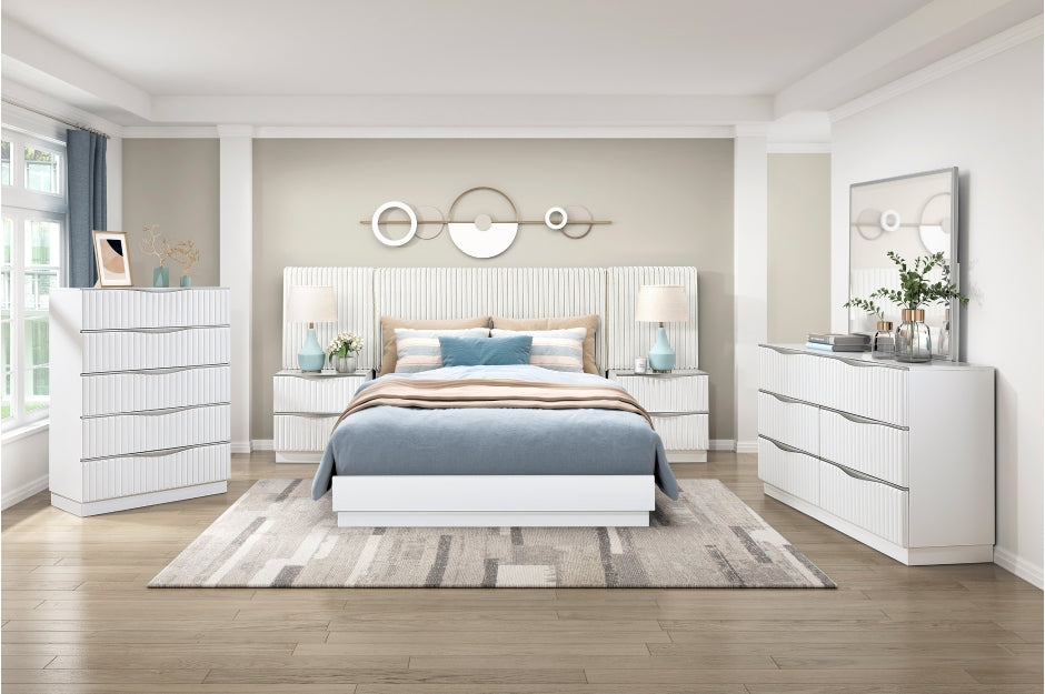 Homelegance 2384-7PC 7 pc Linea pearl white finish wood cream faux fur headboard and panels queen bedroom set