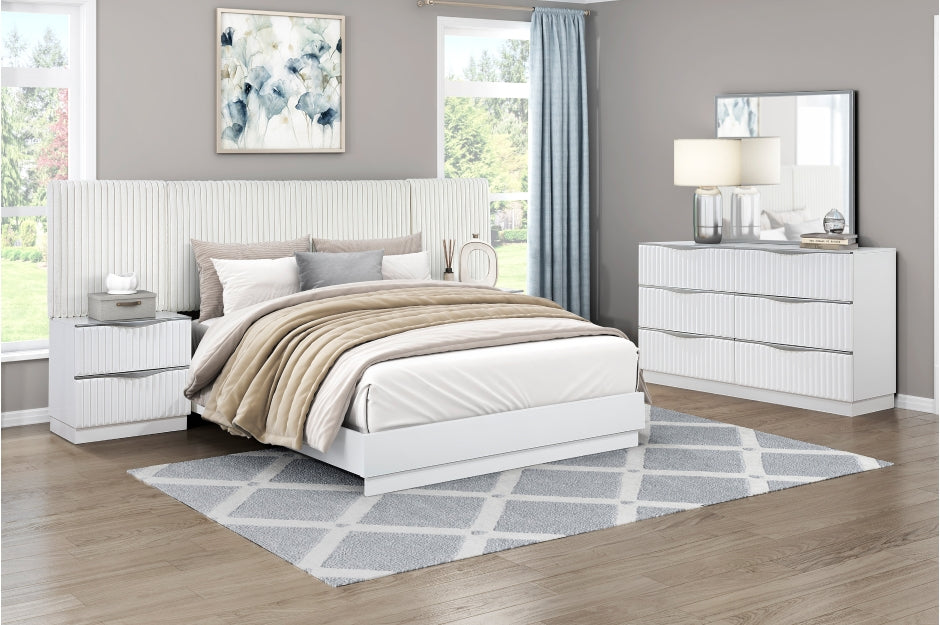 Homelegance 2384-7PC 7 pc Linea pearl white finish wood cream faux fur headboard and panels queen bedroom set