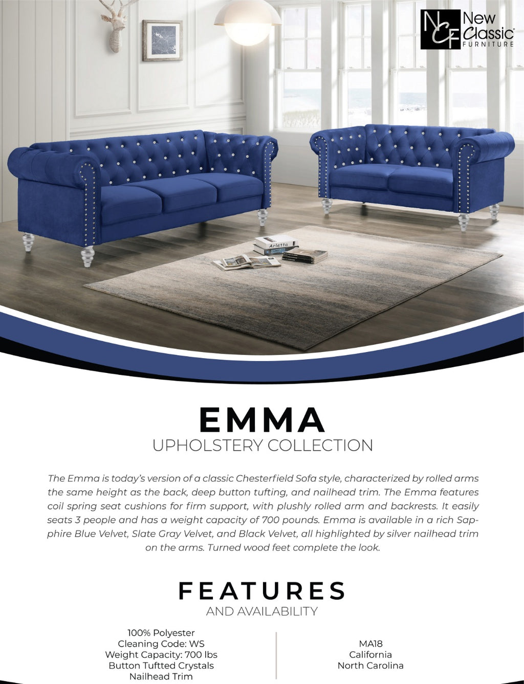 Emma Blue Velvet Crystal Button Tufted Sofa and Love Seat Set with Acrylic Legs & Nailhead Trim – 24-13CB-2PC