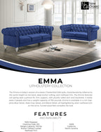 Emma Blue Velvet Crystal Button Tufted Sofa and Love Seat Set with Acrylic Legs & Nailhead Trim – 24-13CB-2PC