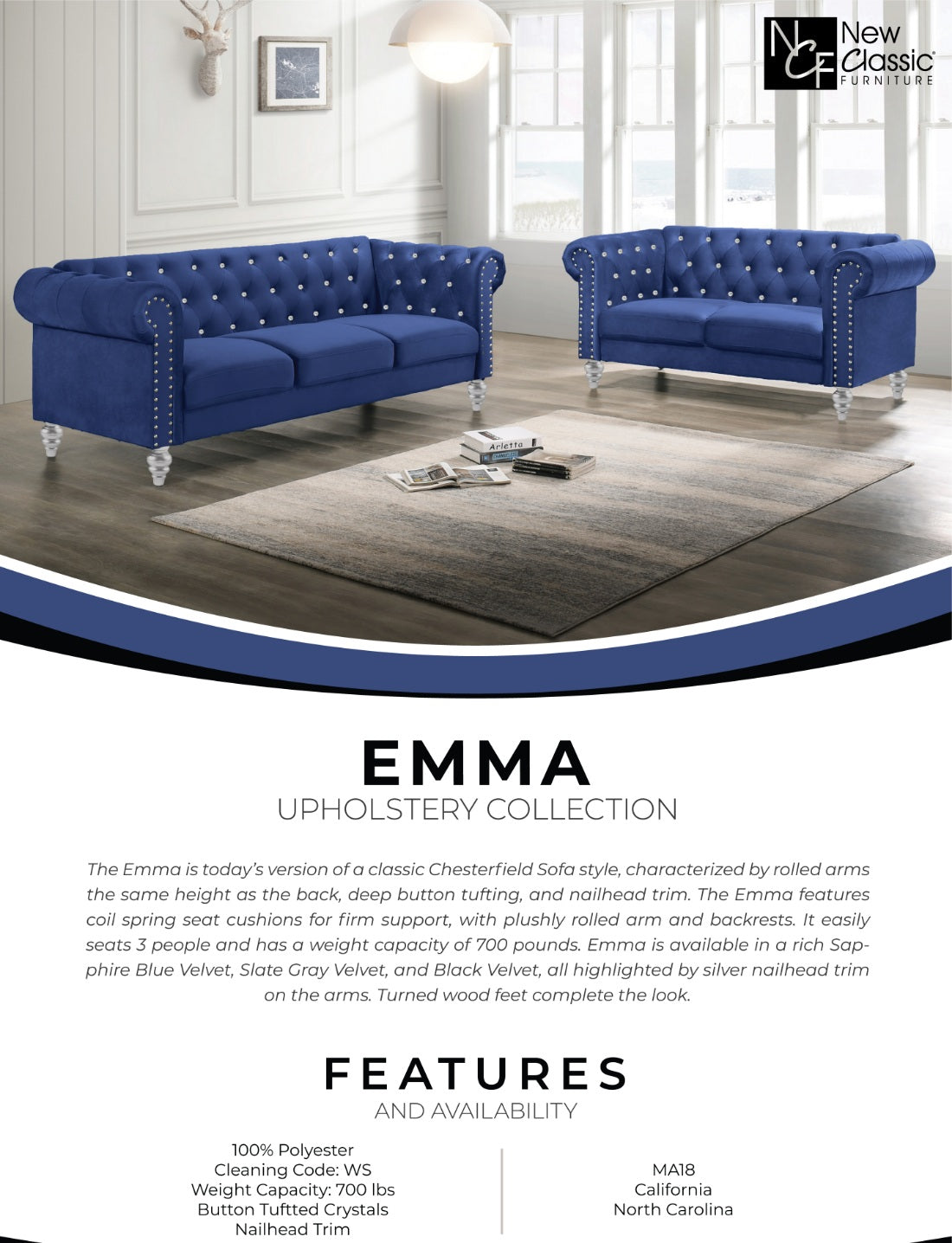Emma Blue Velvet Crystal Button Tufted Sofa and Love Seat Set with Acrylic Legs & Nailhead Trim – 24-13CB-2PC