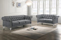 24-13CG-2PC 2 pc Emma grey velvet fabric crystal button tufted sofa and love seat set acrylic legs nail head trim