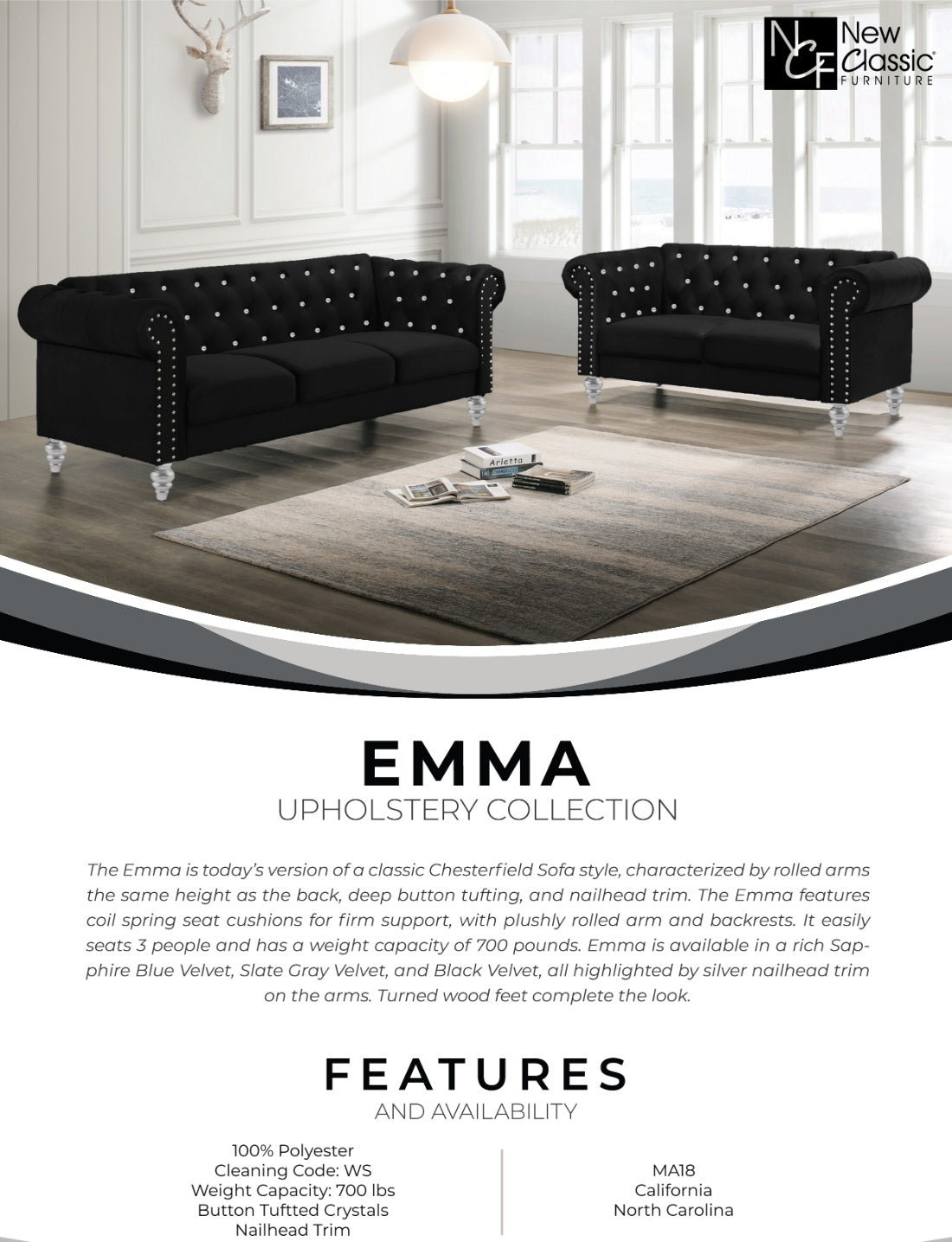 24-13CK-2PC 2 pc Emma black velvet fabric crystal button tufted sofa and love seat set acrylic legs nail head trim