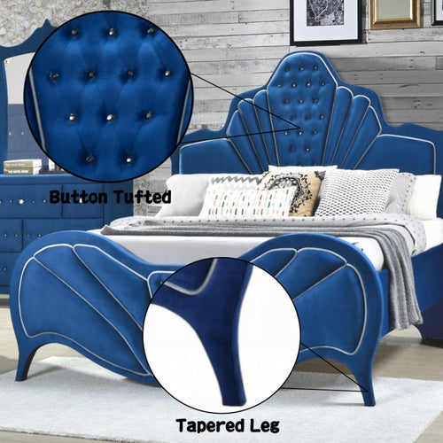Acme Dante Arched Top Blue Velvet Button Tufted Queen Bed Set – 24220Q