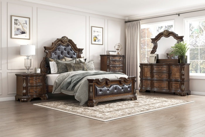 Homelegance 2424-4PC 4 pc Gilmartin dark brown finish wood dark brown tufted faux leather headboard carved accents traditional queen bedroom set