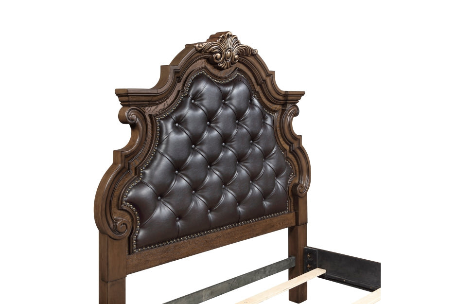 Homelegance 2424-4PC 4 pc Gilmartin dark brown finish wood dark brown tufted faux leather headboard carved accents traditional queen bedroom set