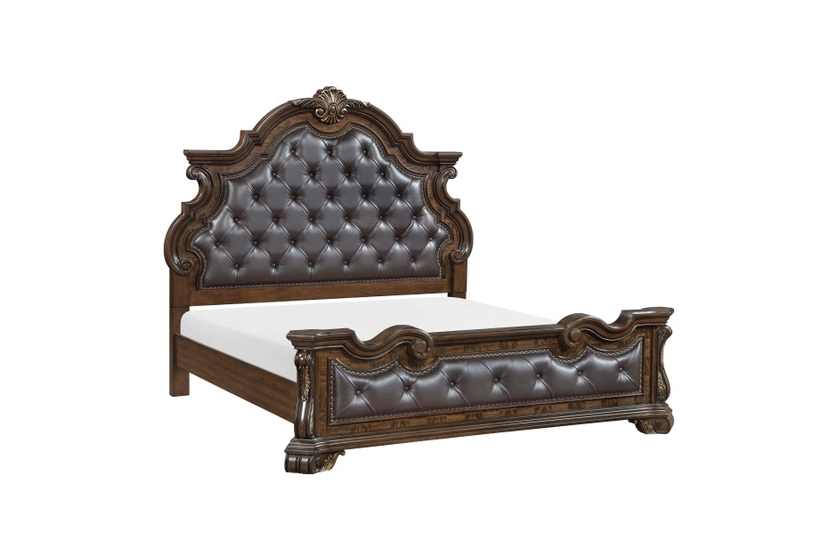 Homelegance 2424-4PC 4 pc Gilmartin dark brown finish wood dark brown tufted faux leather headboard carved accents traditional queen bedroom set