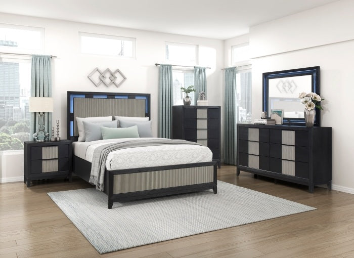 Homelegance 2425-4PC 4 pc Garrison two tone charcoal and grey finish wood LED lighting queen bedroom set