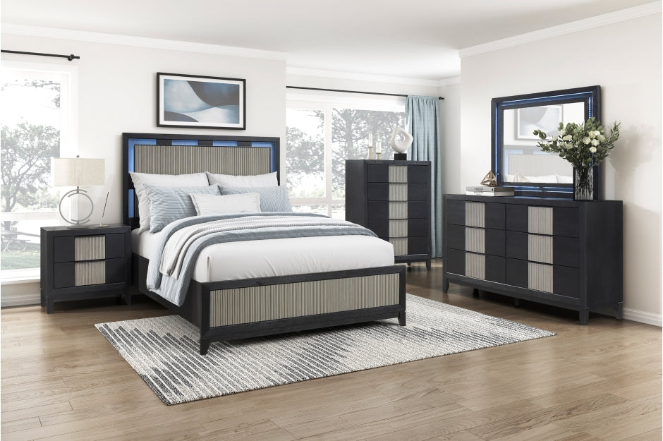 Homelegance 2425-4PC 4 pc Garrison two tone charcoal and grey finish wood LED lighting queen bedroom set