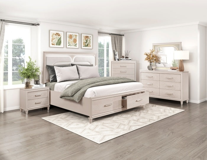 Homelegance 2451-4PC 4 pc Montrose off white finish LED fabric padded headboard queen bedroom set footboard drawers