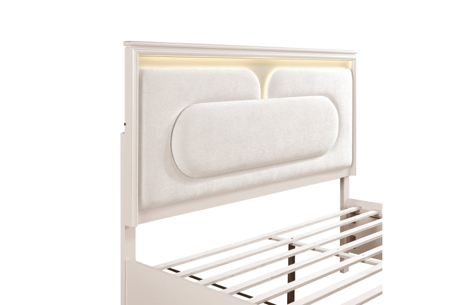 Homelegance 2451-4PC 4 pc Montrose off white finish LED fabric padded headboard queen bedroom set footboard drawers