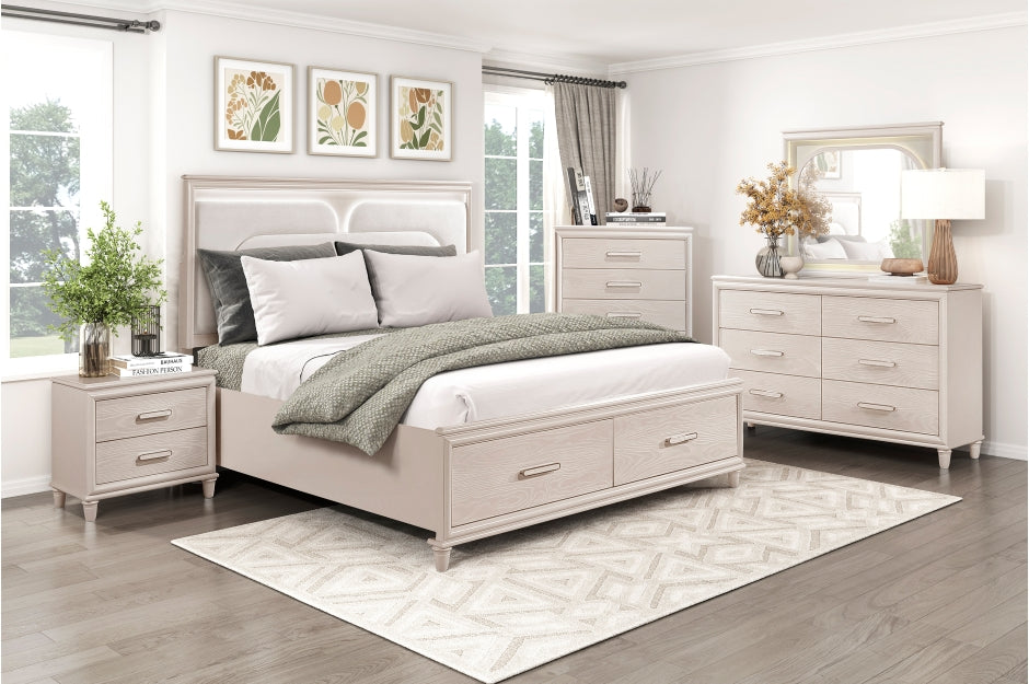 Homelegance 2451-4PC 4 pc Montrose off white finish LED fabric padded headboard queen bedroom set footboard drawers