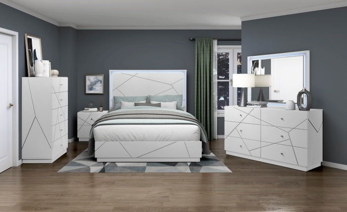 Homelegance 2455-4PC 4 pc Orlo white finish wood paneled LED headboard modern geometric queen bedroom set