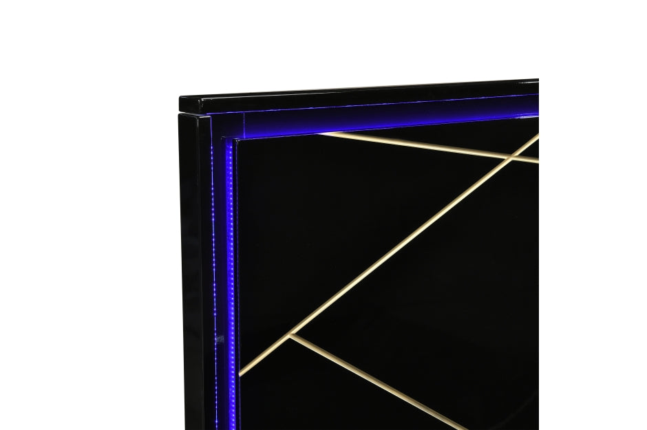 Orlo Black Finish Wood Paneled LED Headboard Modern Geometric Queen Bedroom Set – 2455NBK-4PC