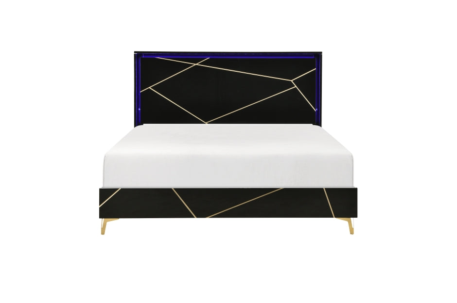 Orlo Black Finish Wood Paneled LED Headboard Modern Geometric Queen Bedroom Set – 2455NBK-4PC