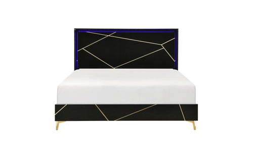 Orlo Black Finish Wood Paneled LED Headboard Modern Geometric Queen Bedroom Set – 2455NBK-4PC
