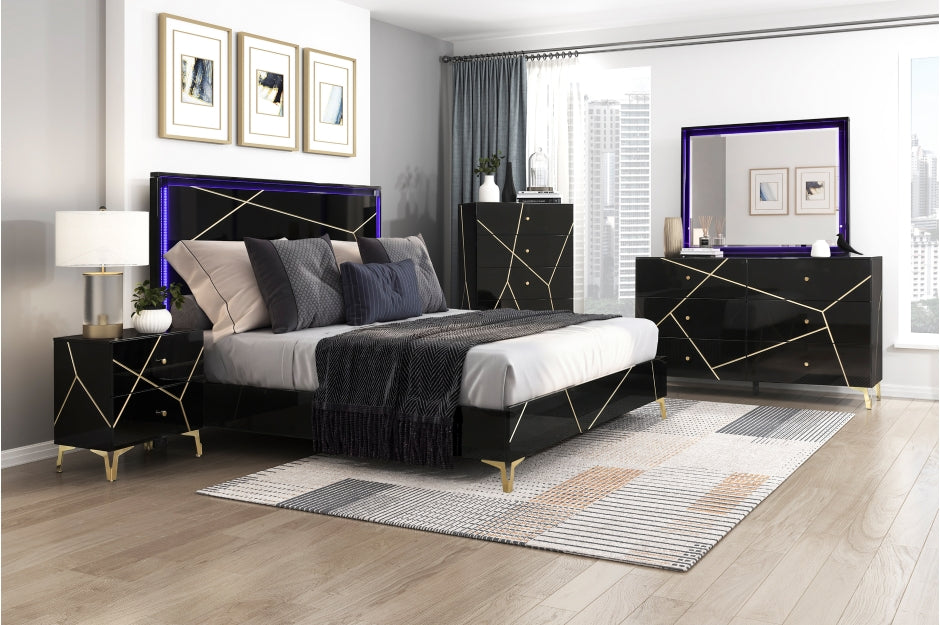 Orlo Black Finish Wood Paneled LED Headboard Modern Geometric Queen Bedroom Set – 2455NBK-4PC