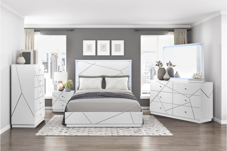 Homelegance 2455-4PC 4 pc Orlo white finish wood paneled LED headboard modern geometric queen bedroom set
