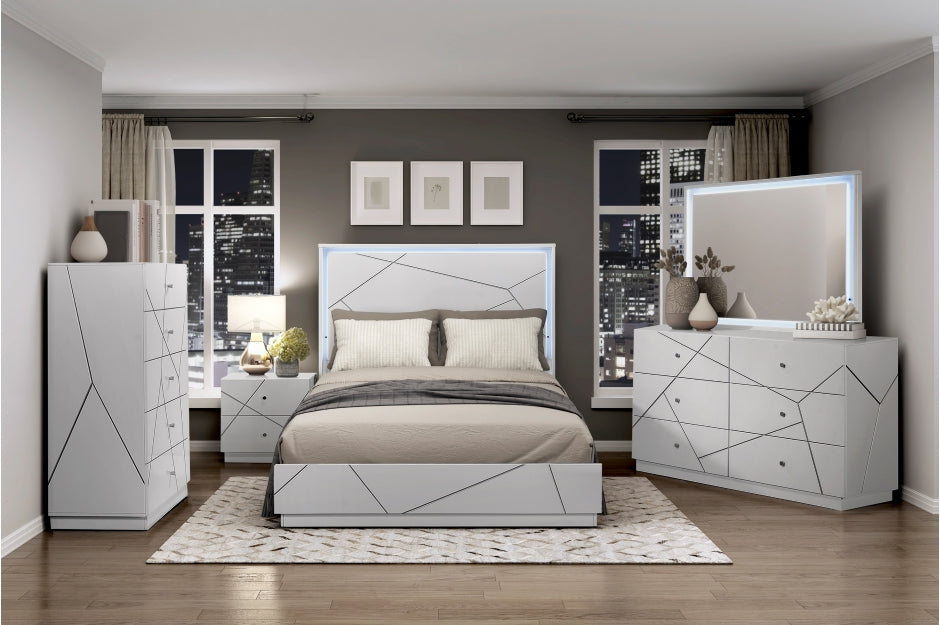 Homelegance 2455-4PC 4 pc Orlo white finish wood paneled LED headboard modern geometric queen bedroom set